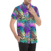 Neon Flower Tropical Palm Leaves Men's Short Sleeve Button Up Shirt