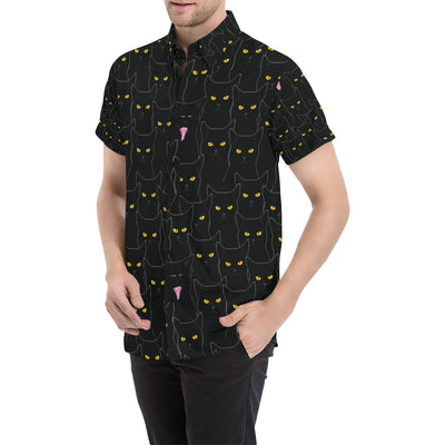 Black Cat Yellow Eyes Print Pattern Men's Short Sleeve Button Up Shirt