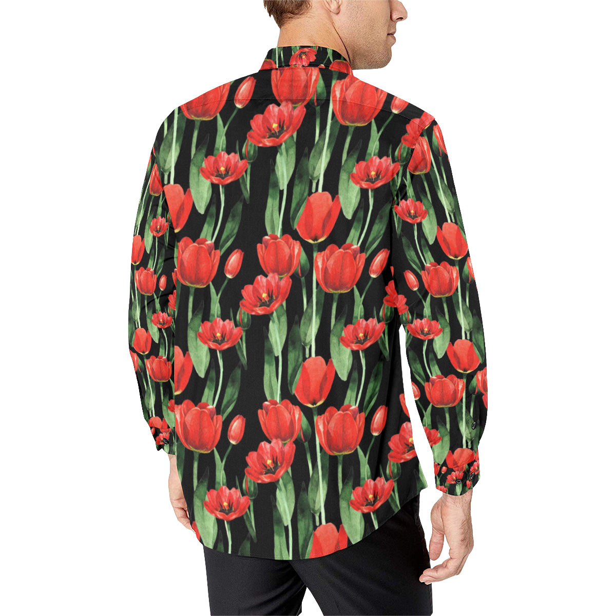 Tulip Red Pattern Print Design TP03 Men's Long Sleeve Shirt