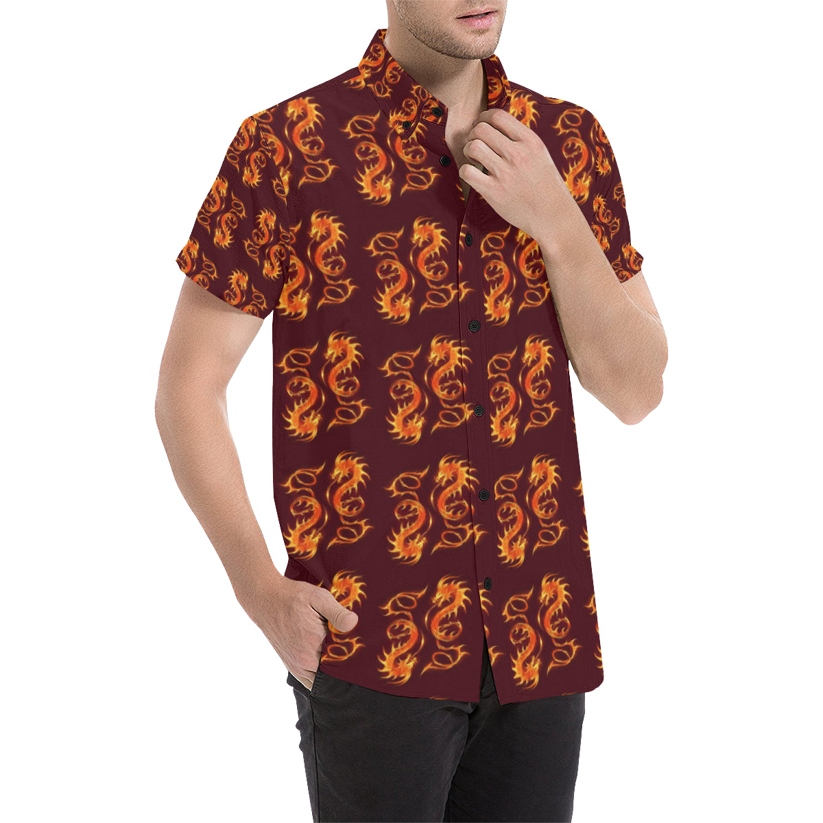 Dragons Fire Design Men's Short Sleeve Button Up Shirt