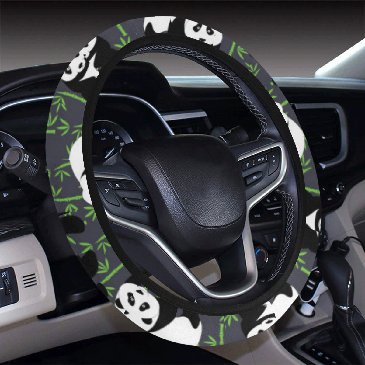Panda Bear Bamboo Themed Print Steering Wheel Cover with Elastic Edge