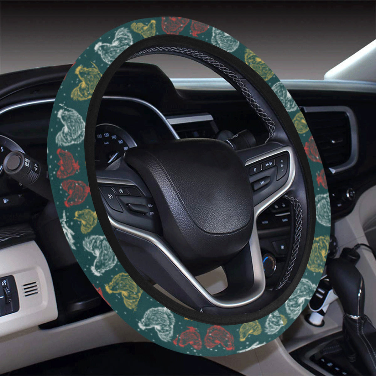 Rooster Hand Draw Design Steering Wheel Cover with Elastic Edge