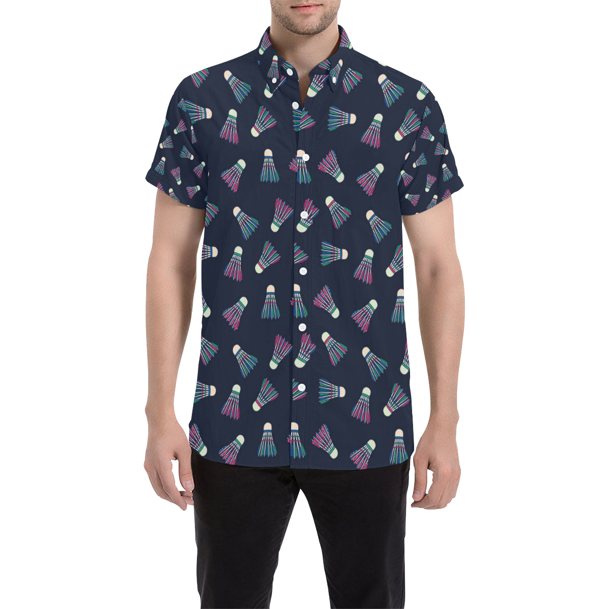Badminton Ball Pattern Print Design 02 Men's Short Sleeve Button Up Shirt