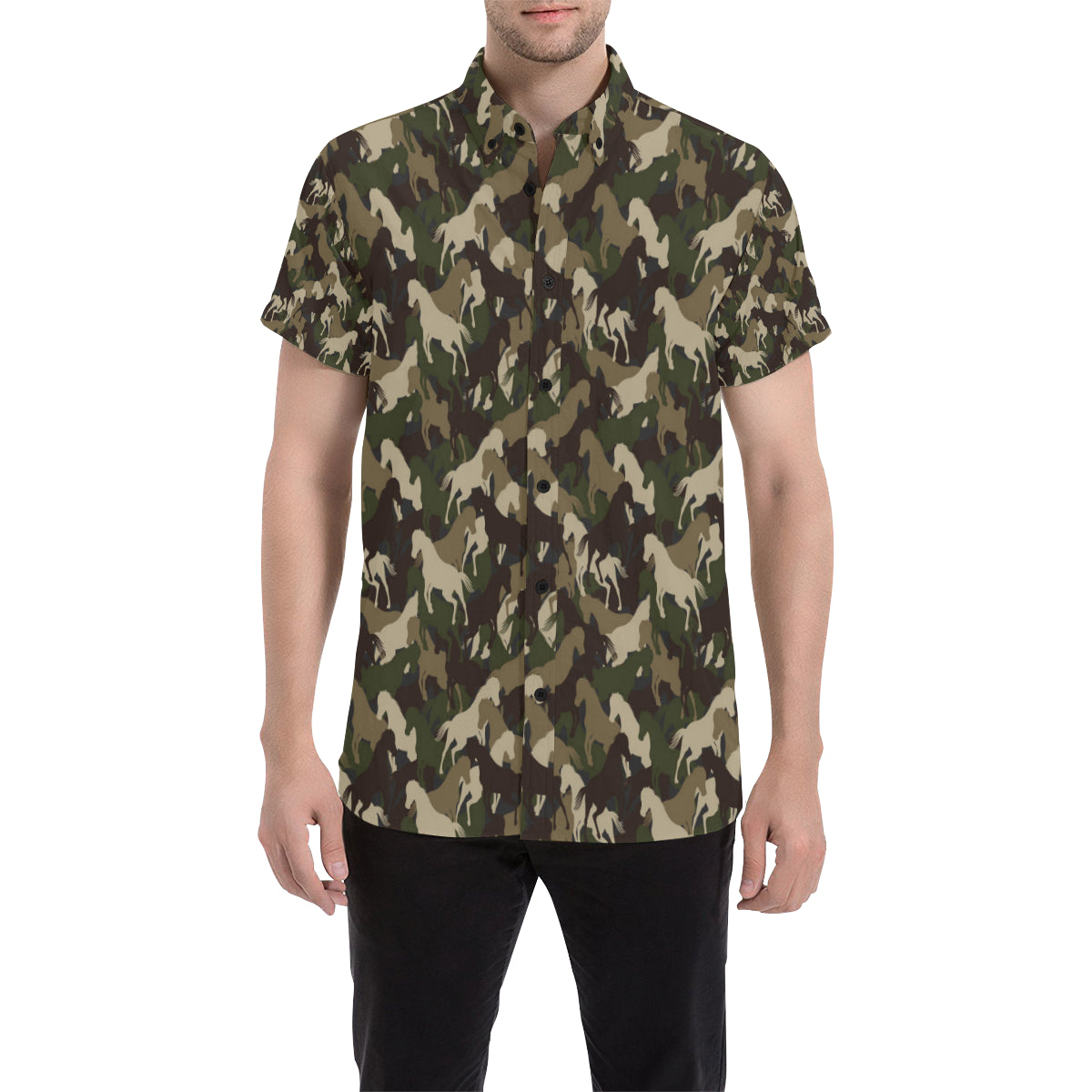 Horse Camo Themed Design Print Men's Short Sleeve Button Up Shirt