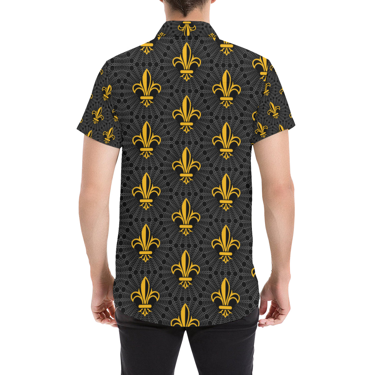 Fleur De Lis Gold Pattern Print Design 01 Men's Short Sleeve Button Up Shirt