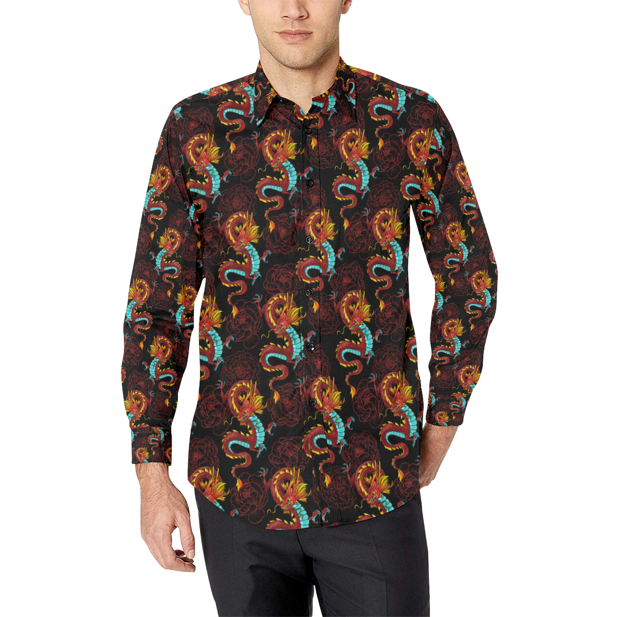 Chinese Dragons and Peonies Design Men's Long Sleeve Shirt