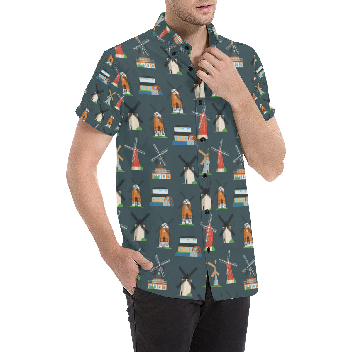 Windmill Pattern Print Design 04 Men's Short Sleeve Button Up Shirt