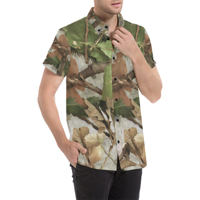 Camo Realistic Tree Forest Print Men's Short Sleeve Button Up Shirt