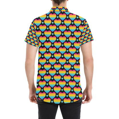 Rainbow Heart Print Pattern Men's Short Sleeve Button Up Shirt