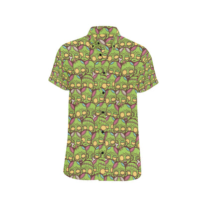 Zombie Head Design Pattern Print Men's Short Sleeve Button Up Shirt