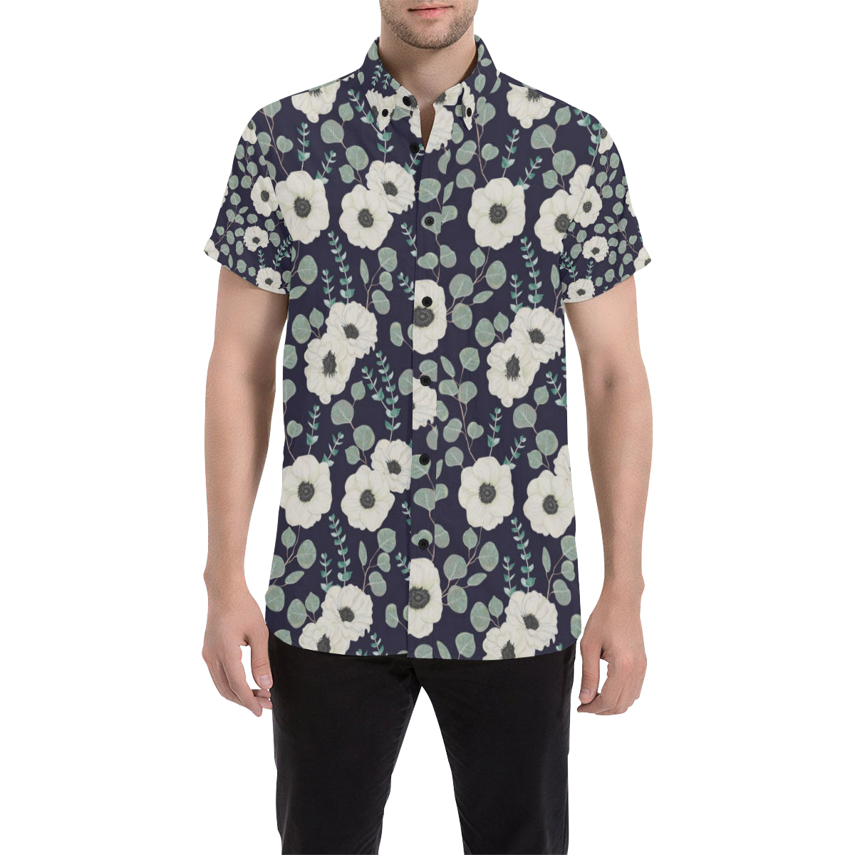 Anemone Pattern Print Design AM01 Men's Short Sleeve Button Up Shirt