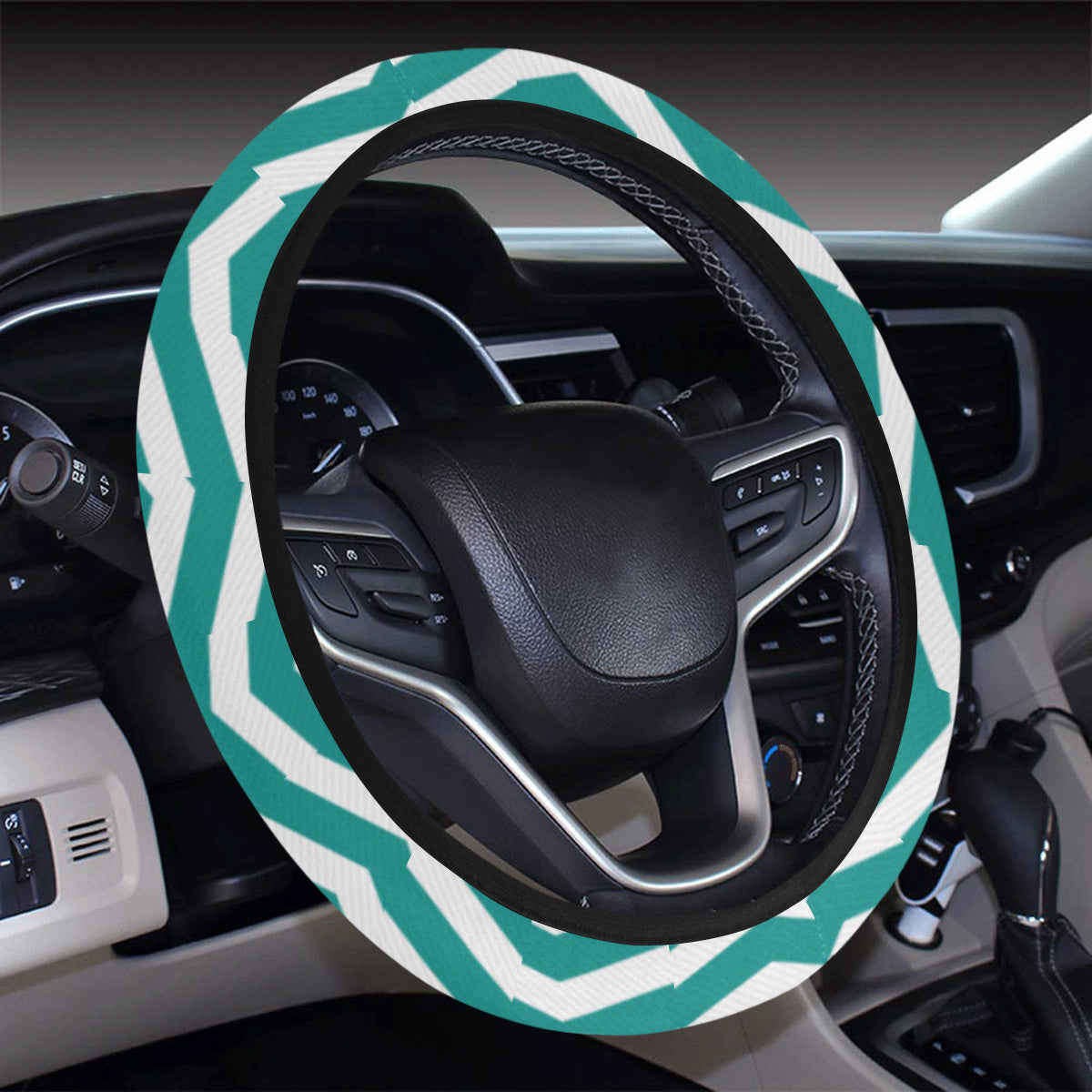 Chevron Teal Pattern Print Design 02 Steering Wheel Cover with Elastic Edge