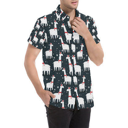 Alpaca Pattern Print Design 04 Men's Short Sleeve Button Up Shirt