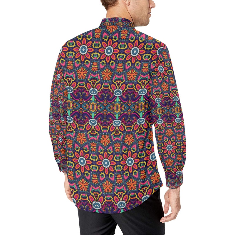 Ethnic Flower Style Print Pattern Men's Long Sleeve Shirt