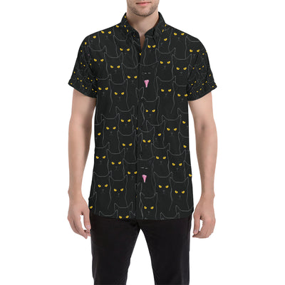 Black Cat Yellow Eyes Print Pattern Men's Short Sleeve Button Up Shirt