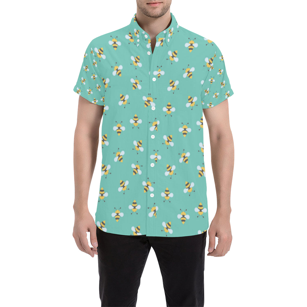Bee Pattern Print Design 01 Men's Short Sleeve Button Up Shirt