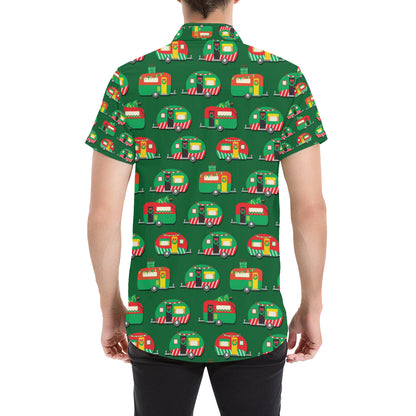 Camper Camping Christmas Themed Print Men's Short Sleeve Button Up Shirt