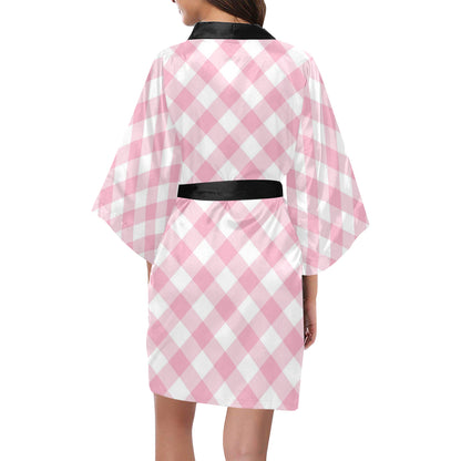 Gingham Pink Pattern Print Design 02 Women's Short Kimono