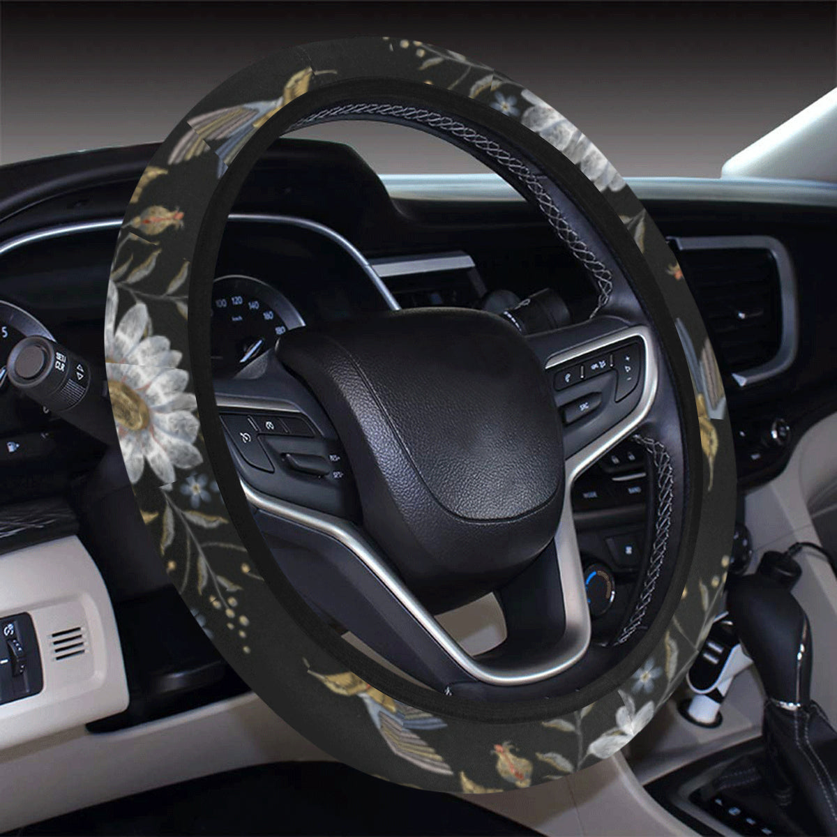 Hummingbird with Embroidery Themed Print Steering Wheel Cover with Elastic Edge