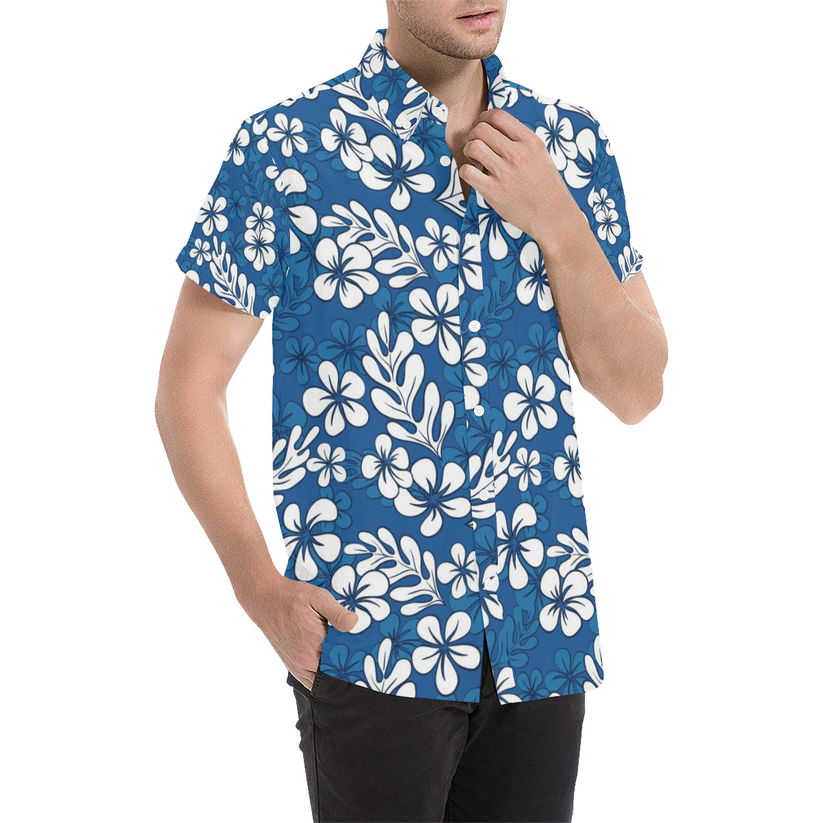 Plumeria Pattern Print Design PM015 Men's Short Sleeve Button Up Shirt