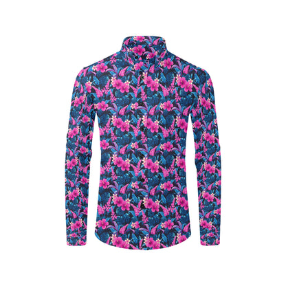 Tropical Folower Pink Themed Print Men's Long Sleeve Shirt