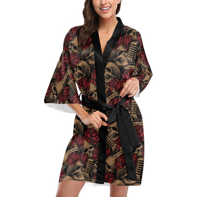 Microphone Skull Rose Pattern Print Design 02 Women's Short Kimono