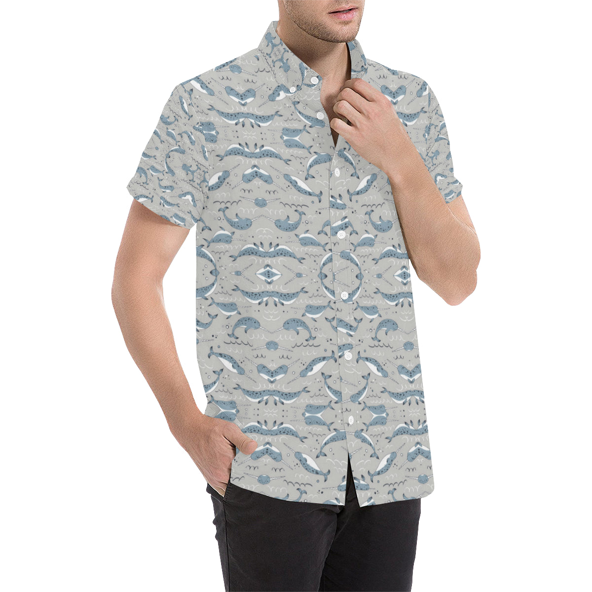 Narwhal Pattern Print Men's Short Sleeve Button Up Shirt