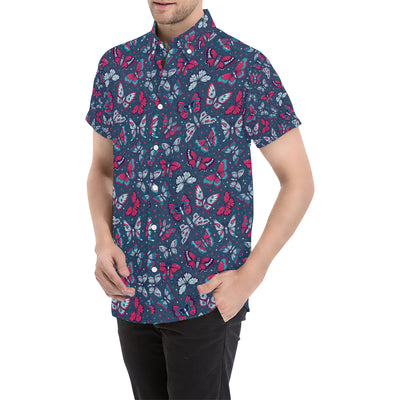 Butterfly Red Deep Blue Print Pattern Men's Short Sleeve Button Up Shirt