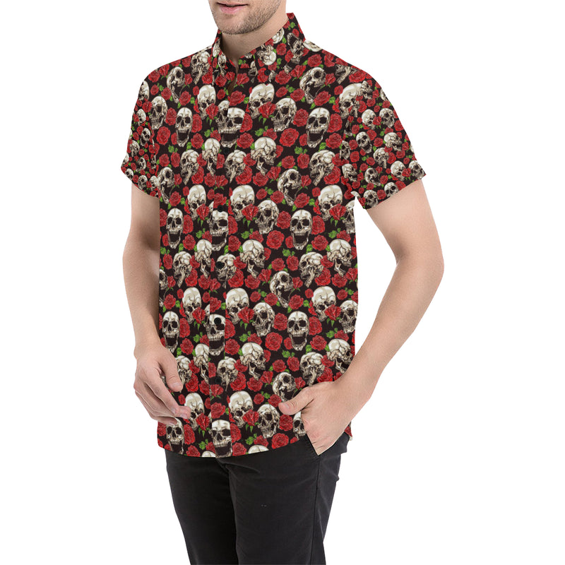 Skull Roses Design Themed Print Men's Short Sleeve Button Up Shirt