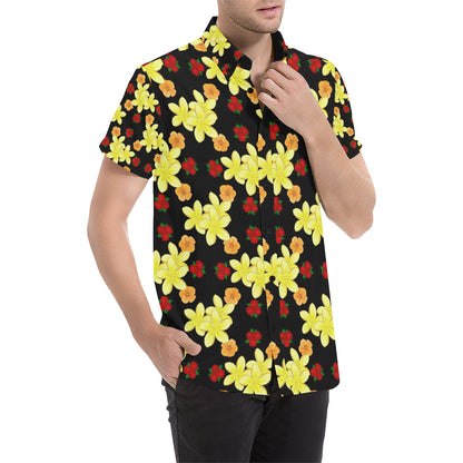 Yellow Plumeria Pattern Print Design PM04 Men's Short Sleeve Button Up Shirt