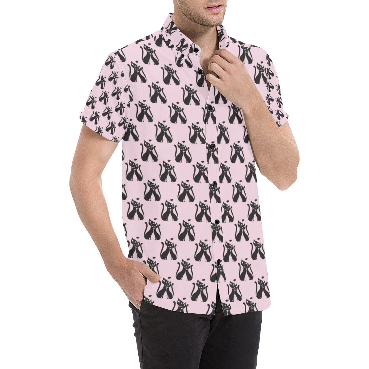Black Cat Pattern Print Design 01 Men's Short Sleeve Button Up Shirt