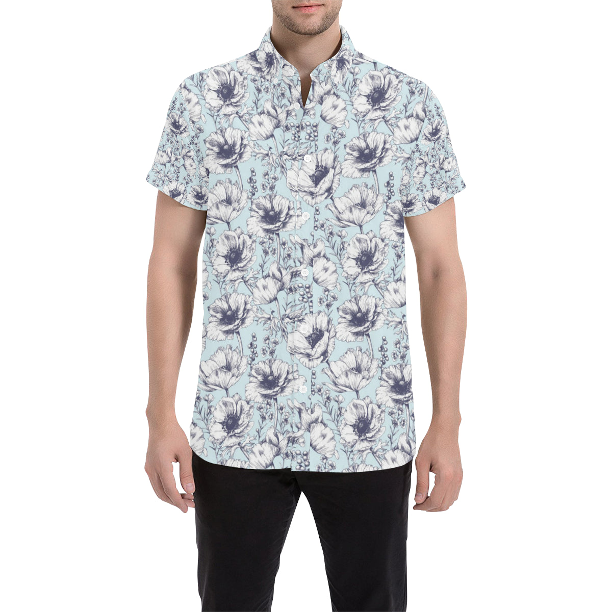 Anemone Pattern Print Design 02 Men's Short Sleeve Button Up Shirt