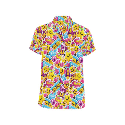 Emoji Sticker Print Pattern Men's Short Sleeve Button Up Shirt