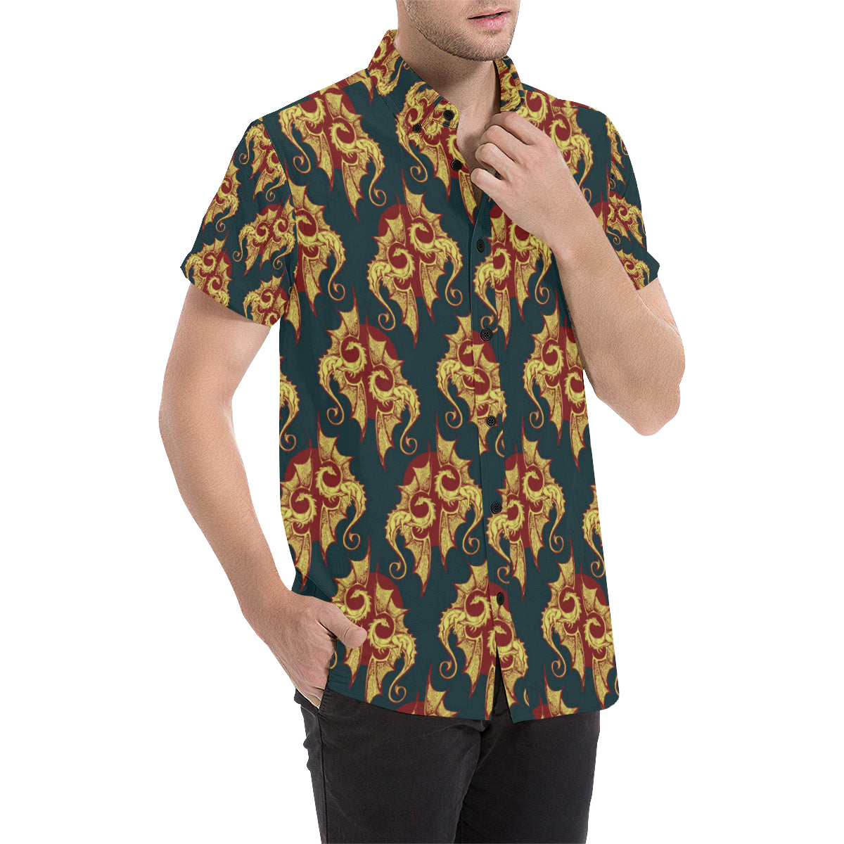 Dragons Gold Design Pattern Men's Short Sleeve Button Up Shirt