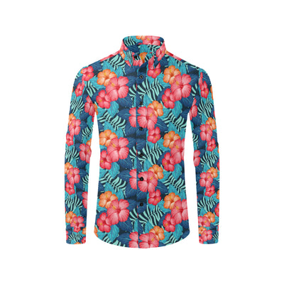 Red Hibiscus Pattern Print Design HB02 Men's Long Sleeve Shirt