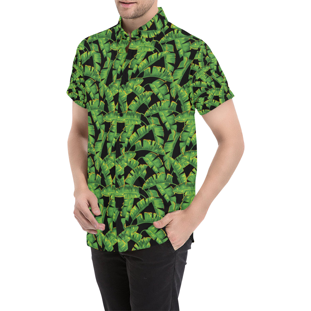 Banana Leaf Pattern Print Design 03 Men's Short Sleeve Button Up Shirt