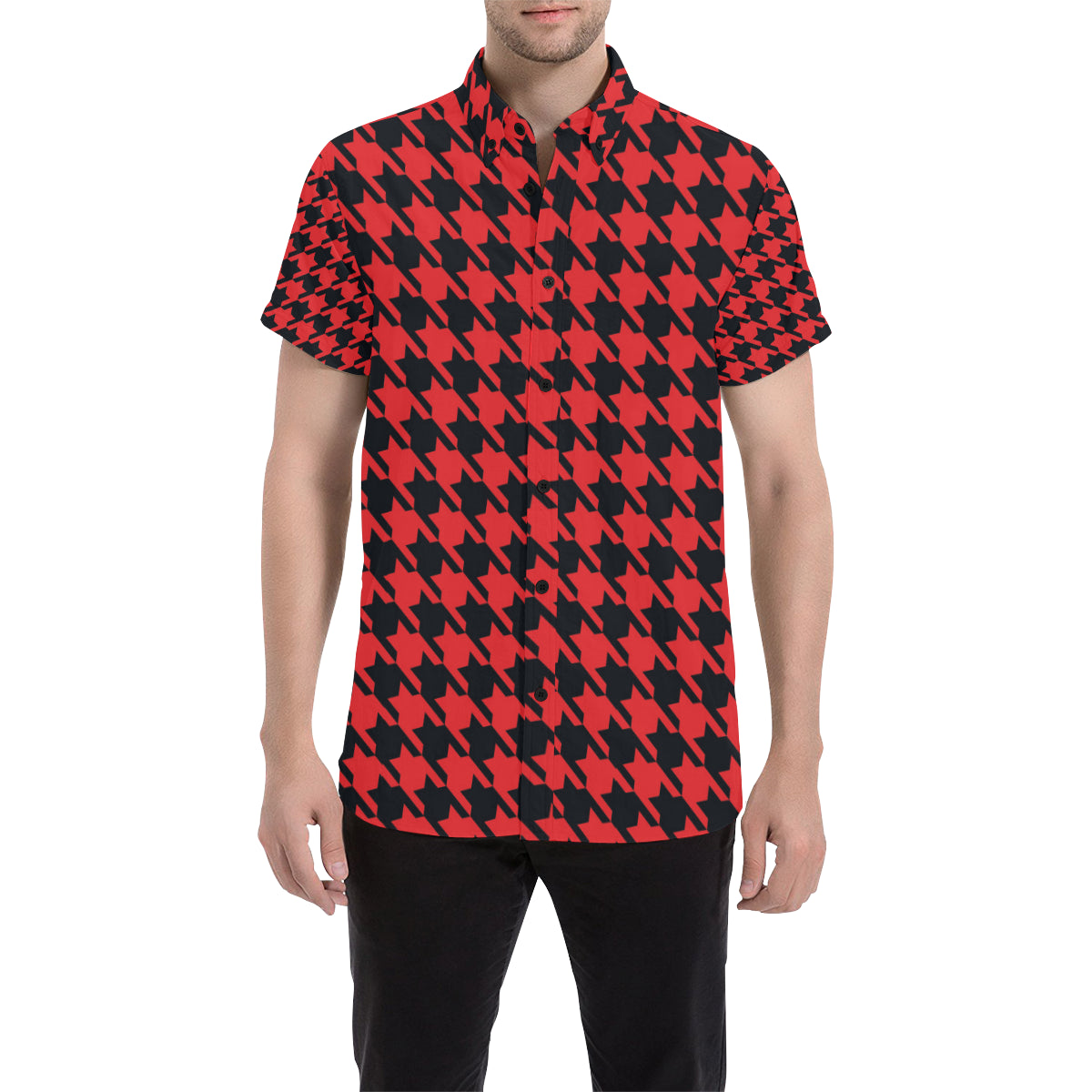 Houndstooth Red Pattern Print Design 03 Men's Short Sleeve Button Up Shirt
