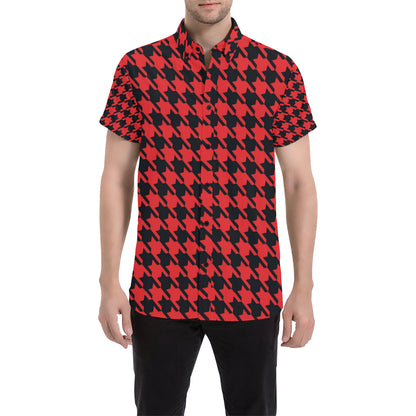 Houndstooth Red Pattern Print Design 03 Men's Short Sleeve Button Up Shirt