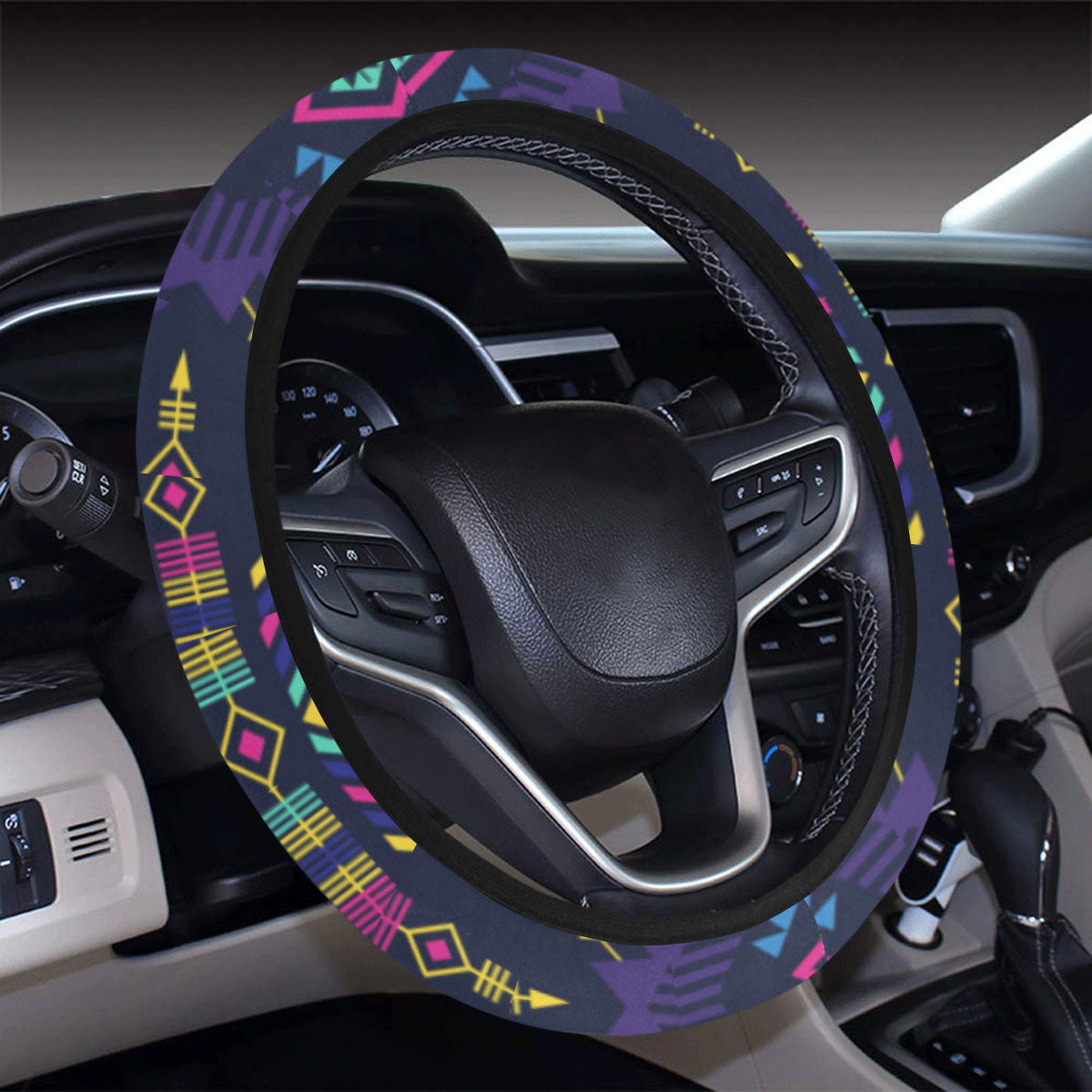 Aztec Pattern Print Design 07 Steering Wheel Cover with Elastic Edge