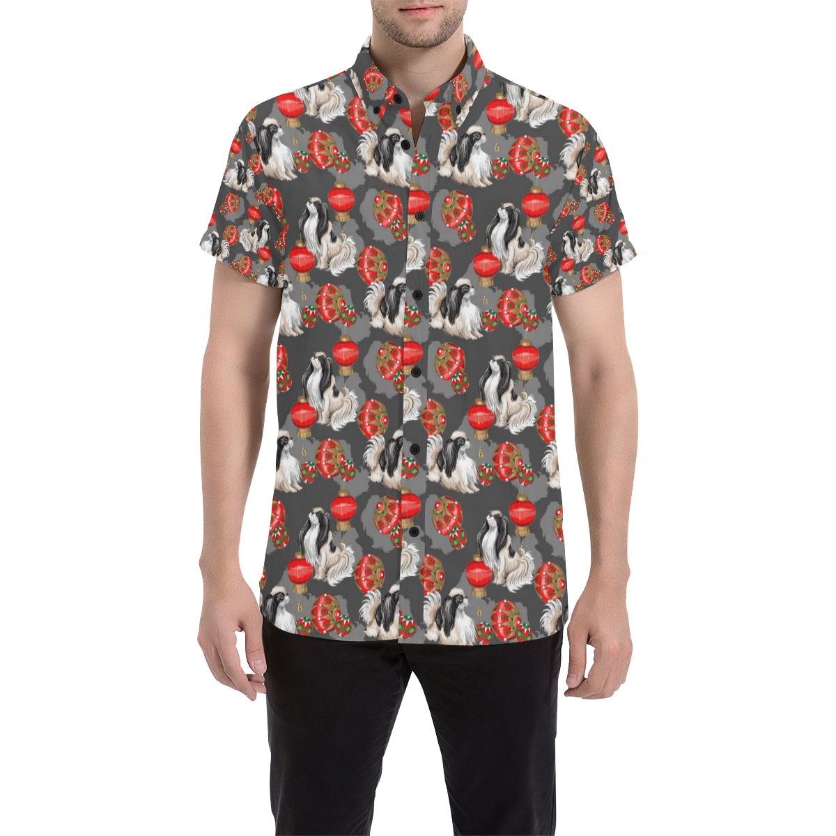 Japanese Chin Pattern Print Design 02 Men's Short Sleeve Button Up Shirt