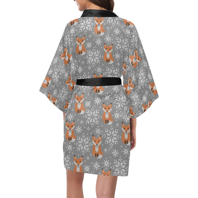 Knit Red Fox Pattern Print Design 02 Women's Short Kimono