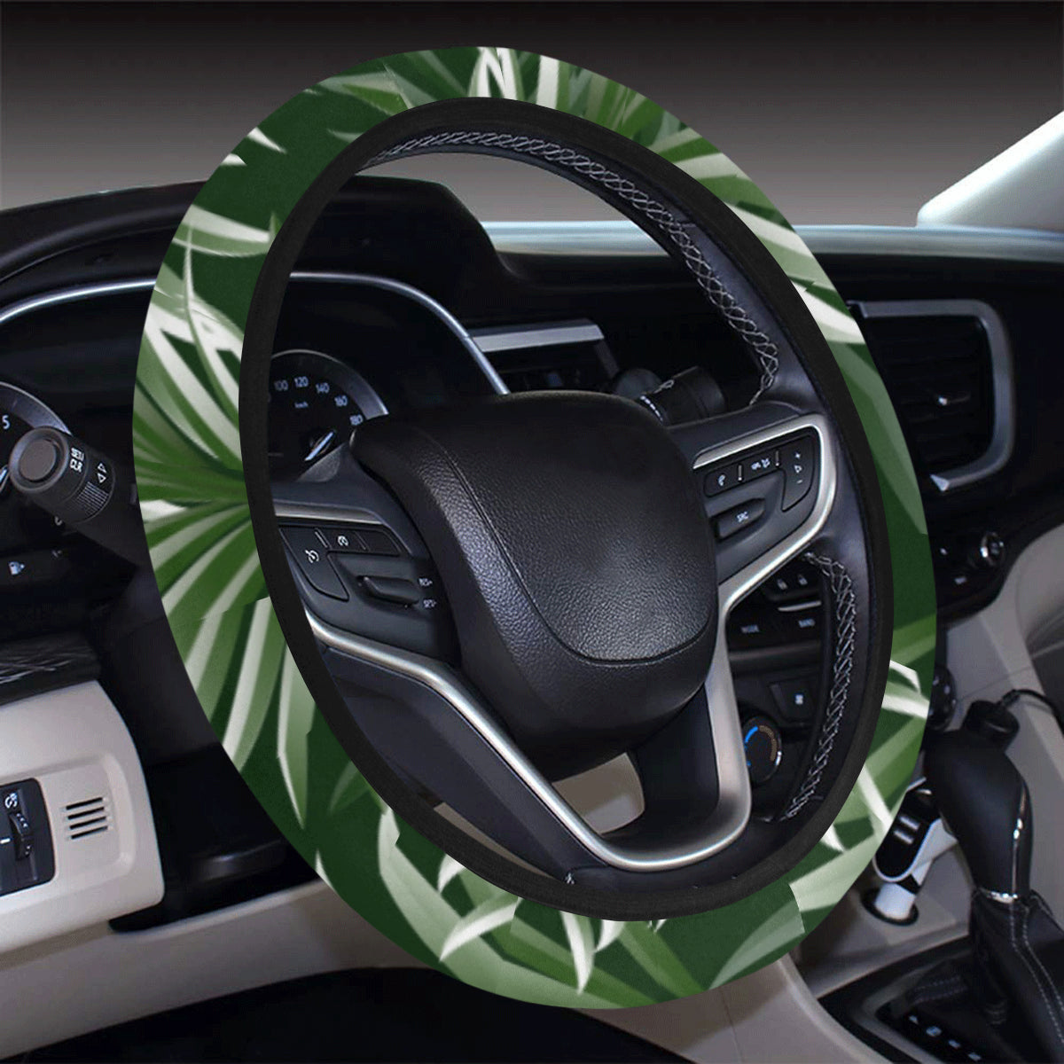 White Green Tropical Palm Leaves Steering Wheel Cover with Elastic Edge