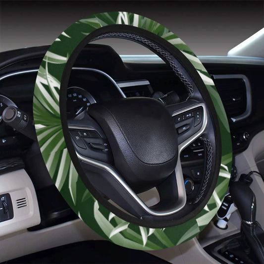 White Green Tropical Palm Leaves Steering Wheel Cover with Elastic Edge