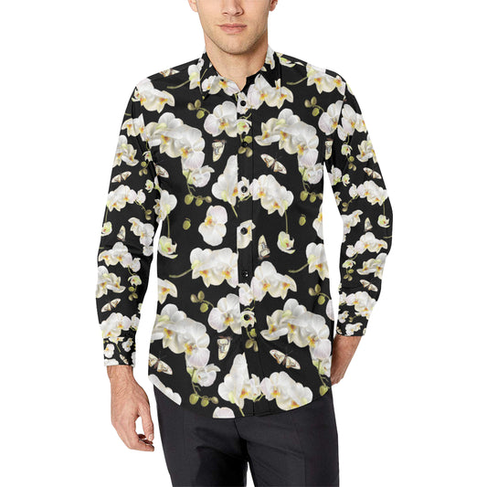 Orchid White Pattern Print Design OR011 Men's Long Sleeve Shirt