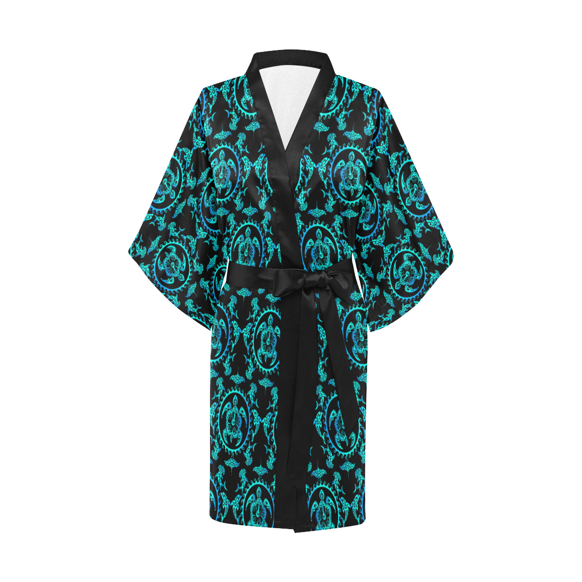 turquoise Tribal Sea Turtle Hawaiian Women's Short Kimono