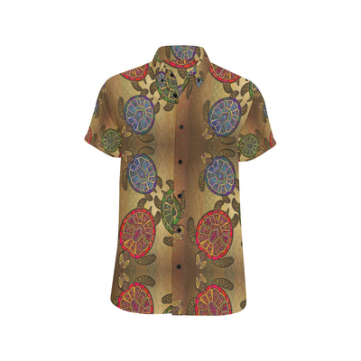 Sea Turtle Tribal Colorful Men's Short Sleeve Button Up Shirt