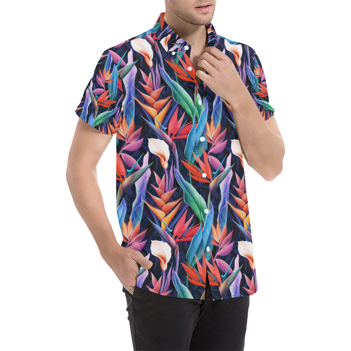 Tropical Flower Pattern Print Design TF023 Men's Short Sleeve Button Up Shirt