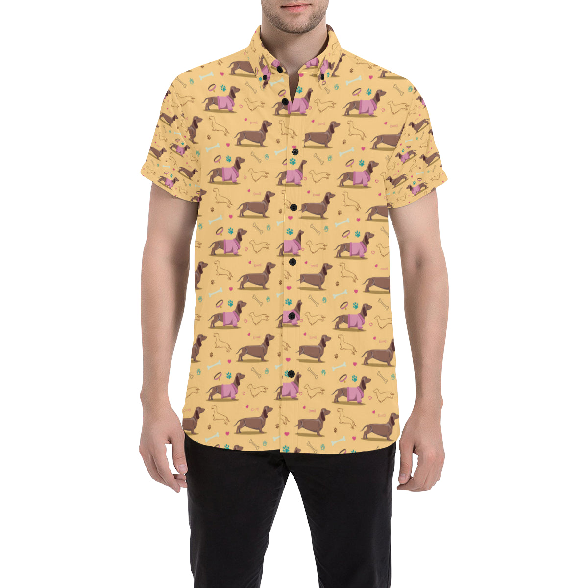 Dachshund Pattern Print Design 07 Men's Short Sleeve Button Up Shirt