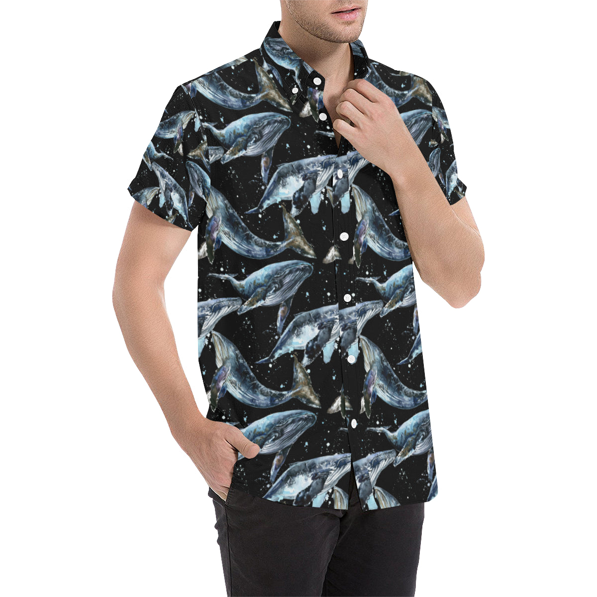 Humpback Whale Pattern Print Design 01 Men's Short Sleeve Button Up Shirt