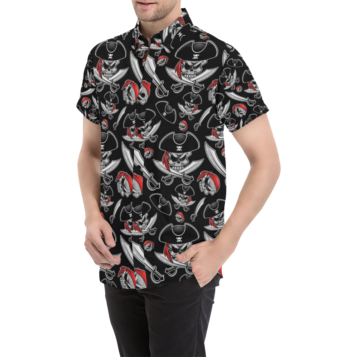 Pirate Pattern Print Design A05 Men's Short Sleeve Button Up Shirt
